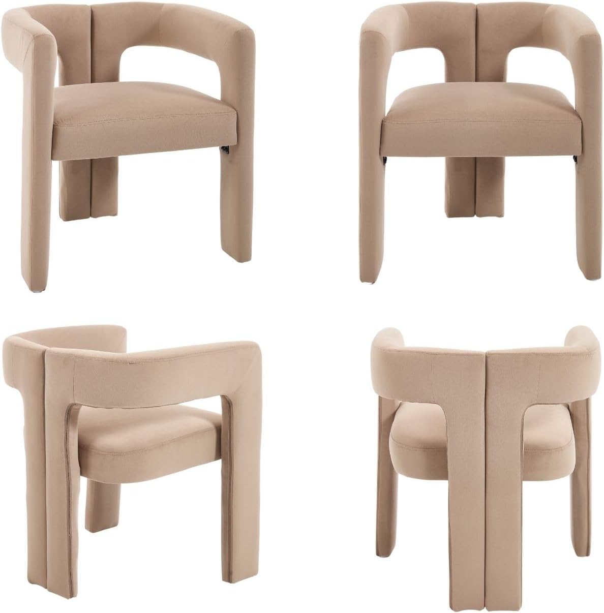 CIMOTA Modern Barrel Dining Chairs Set of 4, Velvet Fabric Upholstered Accent Chairs with Arms/Wood Legs/Open Back, Designer Kitchen Chairs for Living/Reception/Dining Room, Khaki
