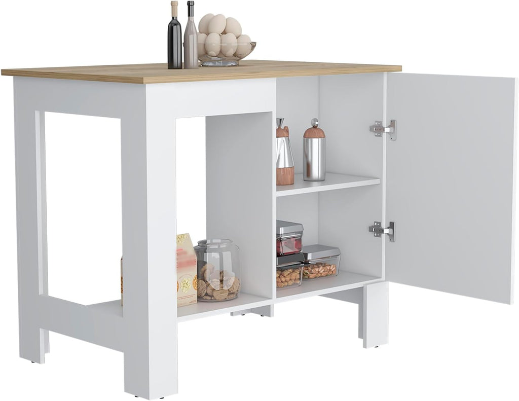 Kitchen Island, Single Door Cabinet, Shelf White/Macadamia | Includes two internal storage shelves for organized kitchen essentials