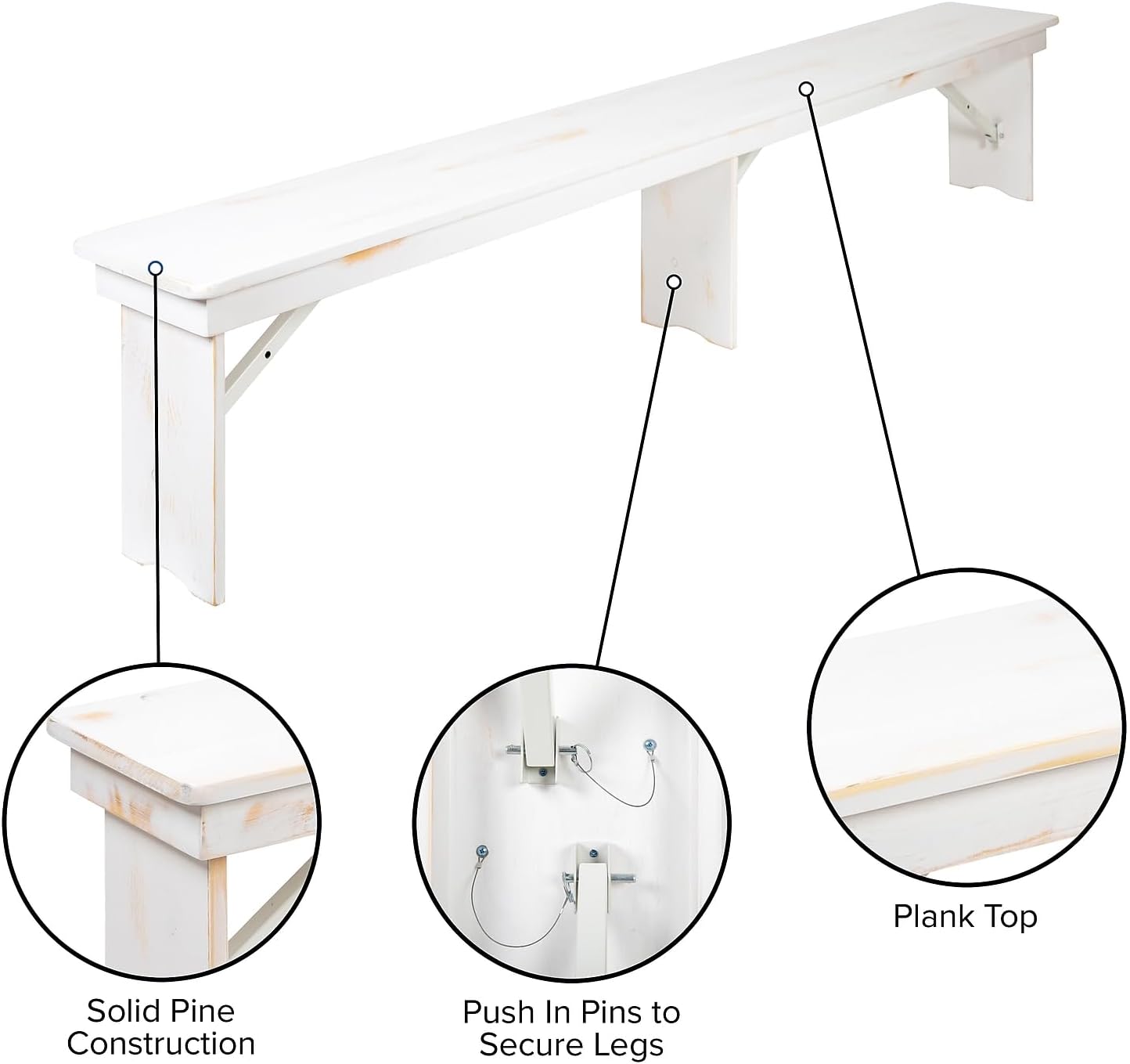 Flash Furniture Hercules Commercial Grade Farmhouse 3 Leg Bench - Solid Pine Foldable Bench with Seating for 4 - 8'x12" - Antique Rustic White