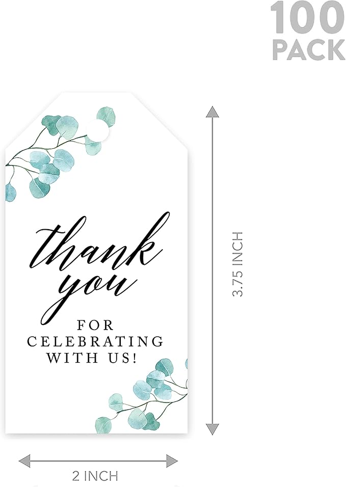 Andaz Press 100-Pack Thank You for Celebrating with Us Favor Tags Silver Dollar Eucalyptus Cardstock Gift Tags with Bakers Twine for Wedding Baby Shower Bridal Shower Party Favors 2 x 3.75-Inches