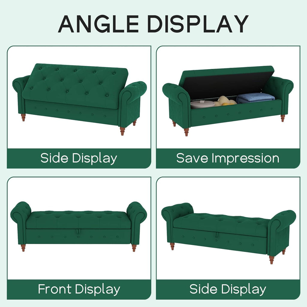 NIOIIKIT 63'' Storage Ottoman Bench Tufted Entryway Bench Dark Green Velvet | Button Tufted End of Bed, Large Storage Space, Rolled Armed Ottoman Couch Long Bench for Bedroom, Living Room, Hallway