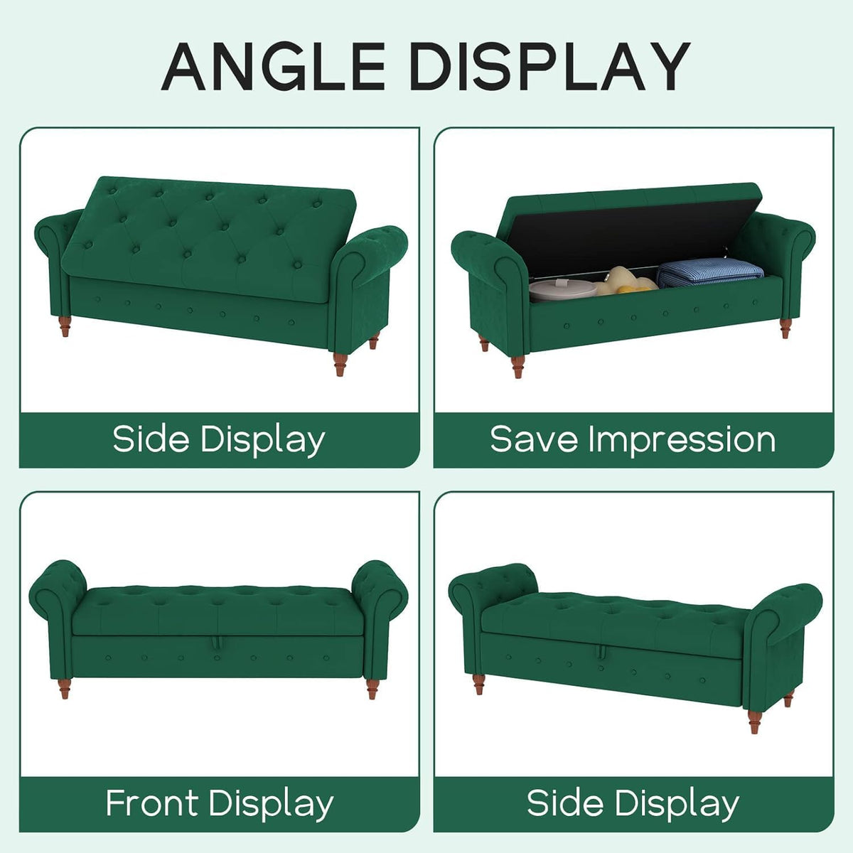NIOIIKIT 63'' Storage Ottoman Bench Tufted Entryway Bench Dark Green Velvet | Button Tufted End of Bed, Large Storage Space, Rolled Armed Ottoman Couch Long Bench for Bedroom, Living Room, Hallway