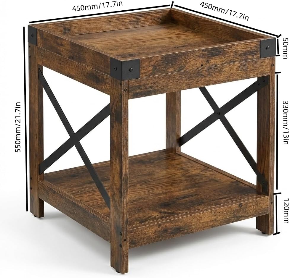 Farmhouse Square Side Table with Open Storage Shelves, Large End Table Modern Sofa Table with X-Metal Frame,Industrial Nightstand Coffee Table for Living Room Bedroom Office Small Spaces, Rustic Brown