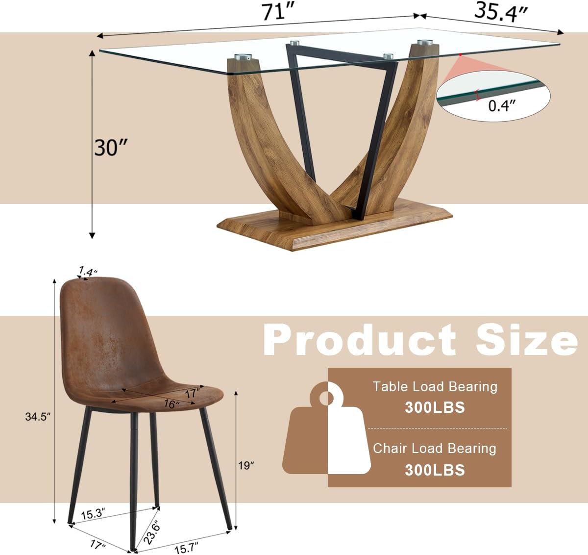 71" Glass Dining Table Set for 6, 7 Piece Dining Table Set,Tempered Glass Table Top with U-Shaped Legs and Fabric Dining Chairs,Ideal for Kitchens, Living Rooms (Brown Chair, 1 Table+6 Chairs)