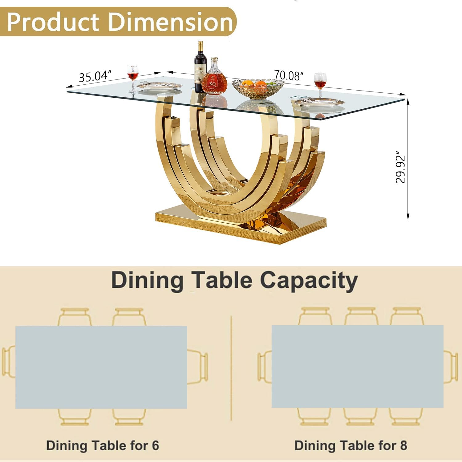 70inch Luxury Dining Table for 4 6, Modern Glass Kitchen Dining Room Table with Gold Mirrored Steel Base,Large Rectangle Tempered Glass Top Dinner Tables for Kitchen, Dining Room