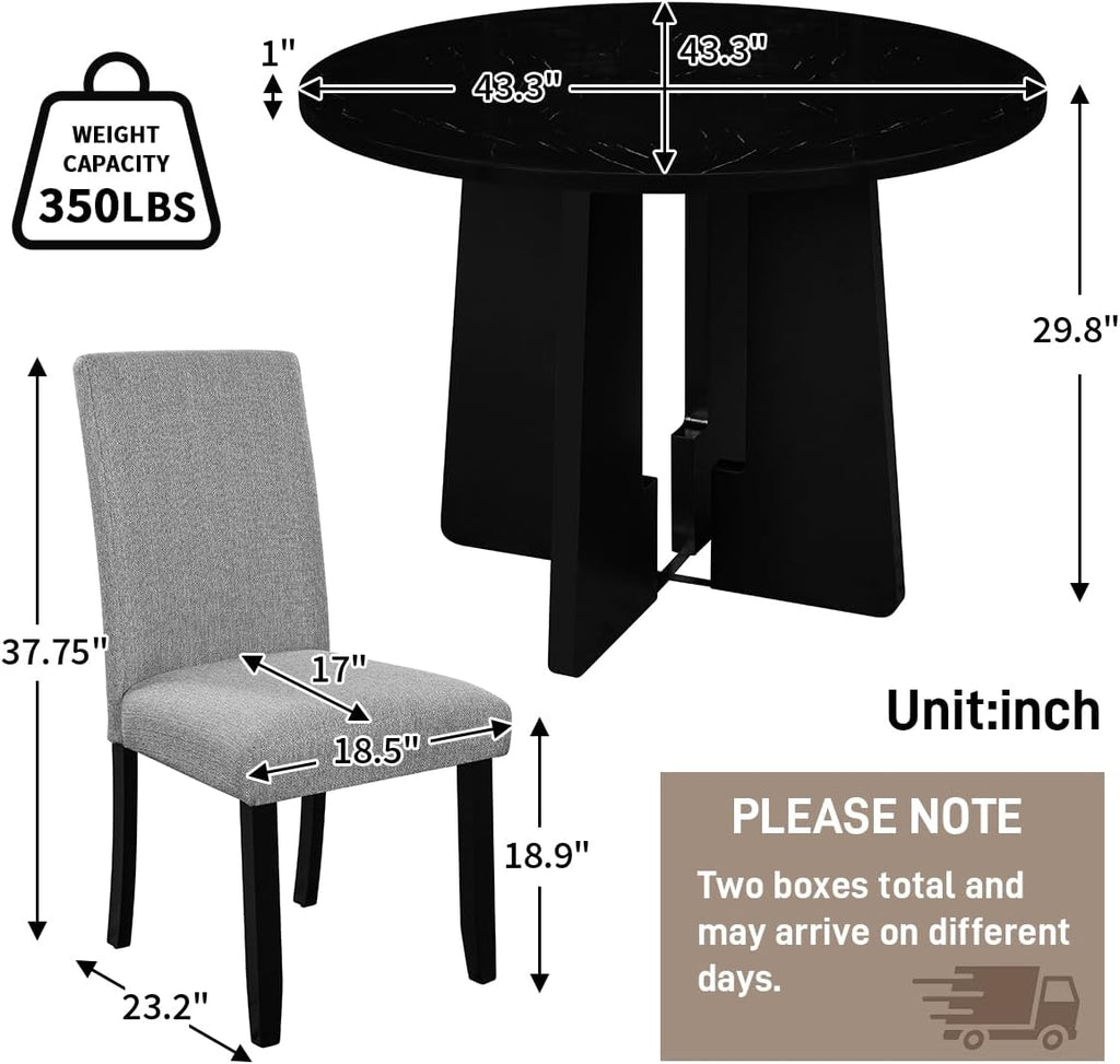 5-Piece Round Dining Table Set, 43-Inch Modern Dining Table and 4 Upholstered Chairs for Dining Room, Kitchen Room, Living Room (Grey Chairs and Black Table)