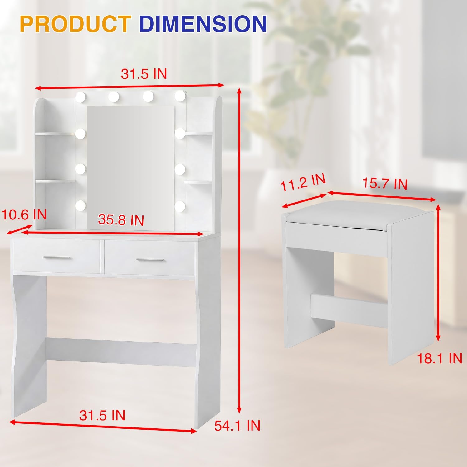 ‌FDW Vanity Desk with Mirror and Lights, 2-Drawer Makeup Vanity Desk with 3 Adjustable Light Colors, 6 Shelves and Power Outlets for Bedroom, White