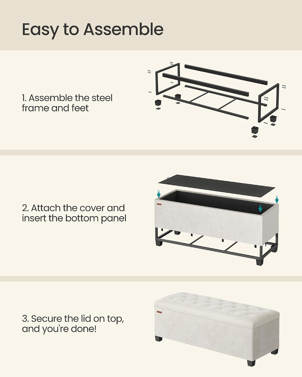 SONGMICS Storage Ottoman Bench, Foot Rest with Legs, Load up to 661.4 lb | End of Bed Bench, Storage Chest, 43.3 x 15.8 x 15.8 Inches, Cream White and Ink Black, MELISA Collection ULSF089W01