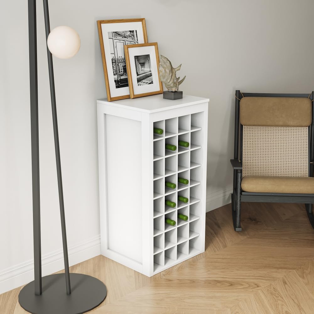Freestanding Floor Wine Rack, 32 Bottle Wooden Wine Cabinet for Small Spaces, Farmhouse Modular Stackable Bottle Holder, Tall Counter Storage Rack, Elegant Design (White)