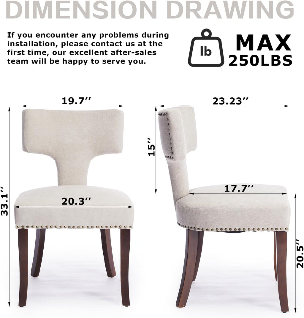 SoarFlash Modern Wooden Dining Chairs Set of 6, Farmhouse Linen Fabric Upholstered Accent Chair Curved Backrest with Copper Nails Around,Kitchen Chairs with Hardwood Frame, Beige