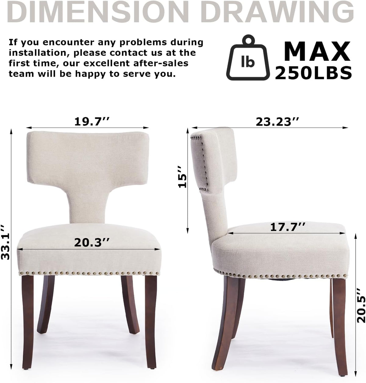 SoarFlash Modern Wooden Dining Chairs Set of 6, Farmhouse Linen Fabric Upholstered Accent Chair Curved Backrest with Copper Nails Around,Kitchen Chairs with Hardwood Frame, Beige