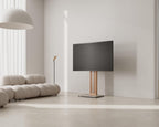 FITUEYES Floor TV Stand for 32-65" TV with Hidden Back Storage,Morandi Grey | Height Adjustable, Wood TV Stand Swivel, Scandinavian Style, Tall TV Stand for Home Decor with Reinforced Base, Zen Series