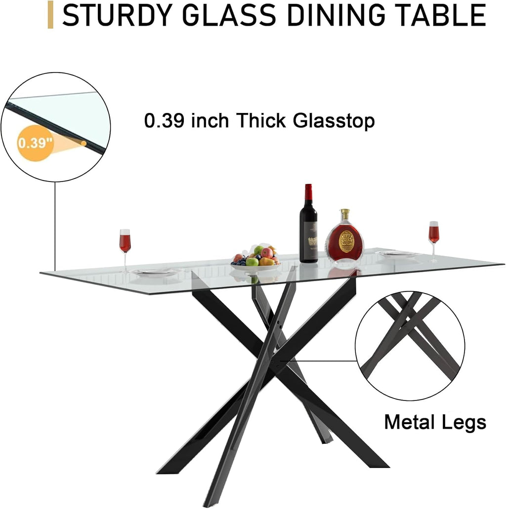 51 Inch Glass Dining Table Set for 4, Rectangular Tempered Glass Kitchen Table with Metal Base, Modern Black Dining Room Table with 4 Leather Dining Chairs for Kitchen Living Room