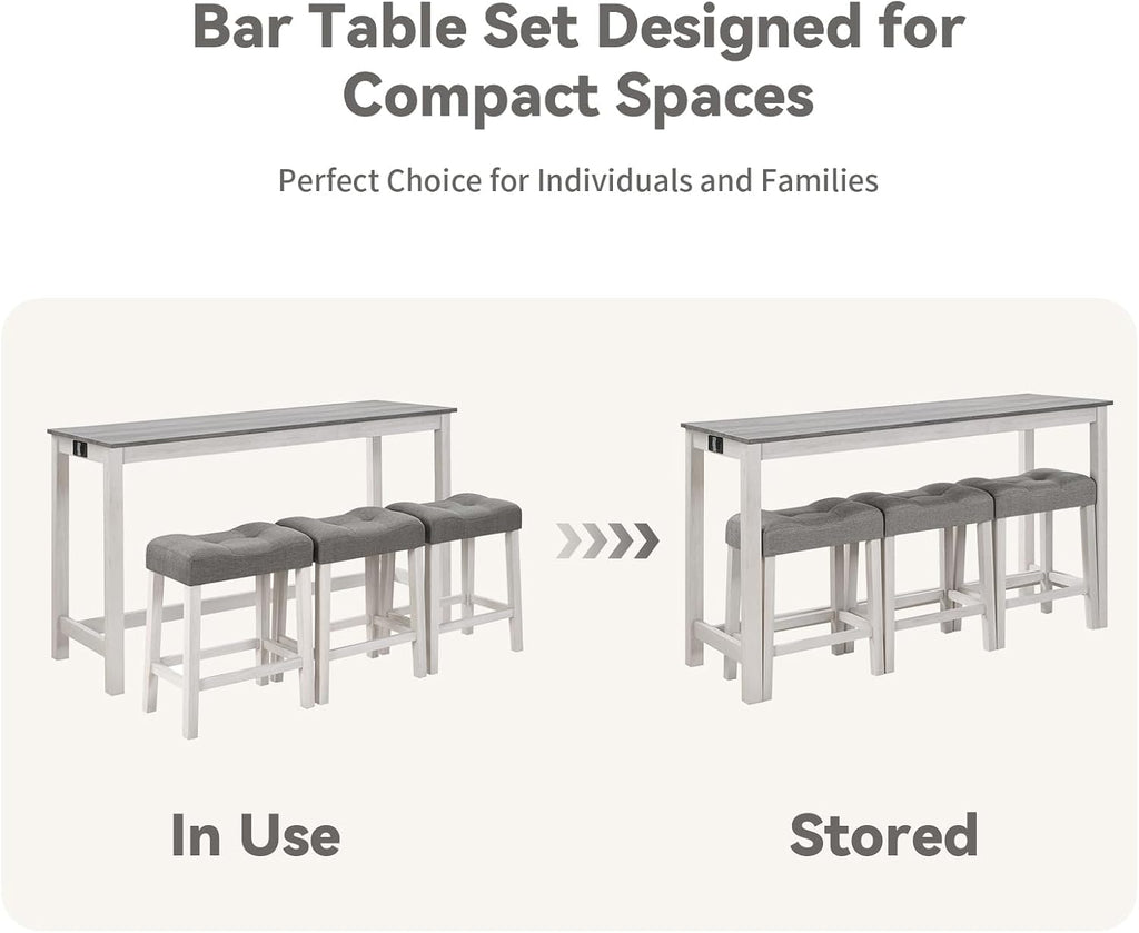 59" Dining Bar Table Set with Power Outlet, Behind Couch Sofa Table with 3 Padded Stools, 4 Piece Bar Table and Chairs Set for Living Room, Dining Room, Gray