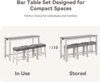 59" Dining Bar Table Set with Power Outlet, Behind Couch Sofa Table with 3 Padded Stools, 4 Piece Bar Table and Chairs Set for Living Room, Dining Room, Gray