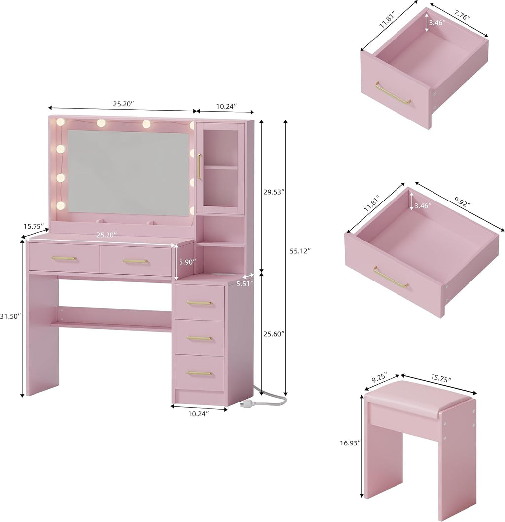 Makeup Vanity with Lights & Charging Station, Pink Vanity Table with 5 Drawers & Open Storage Shelves, Vanity Desk with Mirror & Lights, Dressing Table Set, Bedroom Makeup Table Set Gold Handle