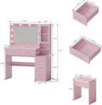 Makeup Vanity with Lights & Charging Station, Pink Vanity Table with 5 Drawers & Open Storage Shelves, Vanity Desk with Mirror & Lights, Dressing Table Set, Bedroom Makeup Table Set Gold Handle