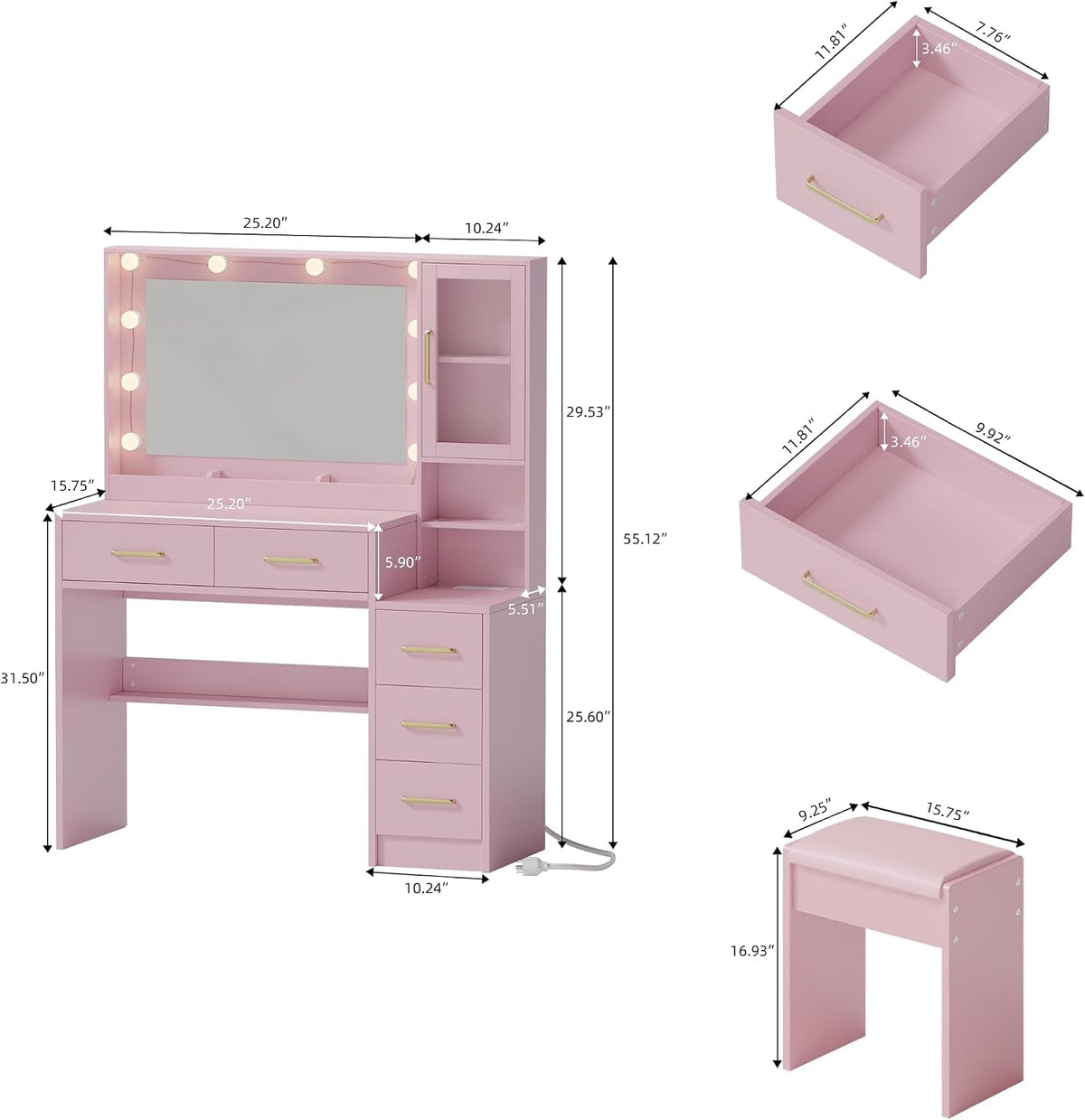 Makeup Vanity with Lights & Charging Station, Pink Vanity Table with 5 Drawers & Open Storage Shelves, Vanity Desk with Mirror & Lights, Dressing Table Set, Bedroom Makeup Table Set Gold Handle