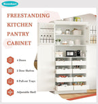 Freestanding Kitchen Pantry Cabinet with 8 Pullout Trays, Tall Storage Organizer with 4 Doors and Adjustable Shelves for Dining Room, Shaker Style (White)