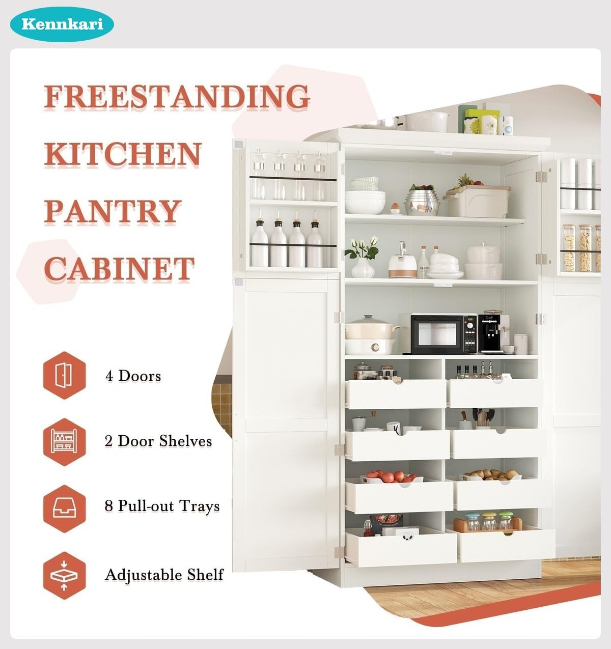 Freestanding Kitchen Pantry Cabinet with 8 Pullout Trays, Tall Storage Organizer with 4 Doors and Adjustable Shelves for Dining Room, Shaker Style (White)