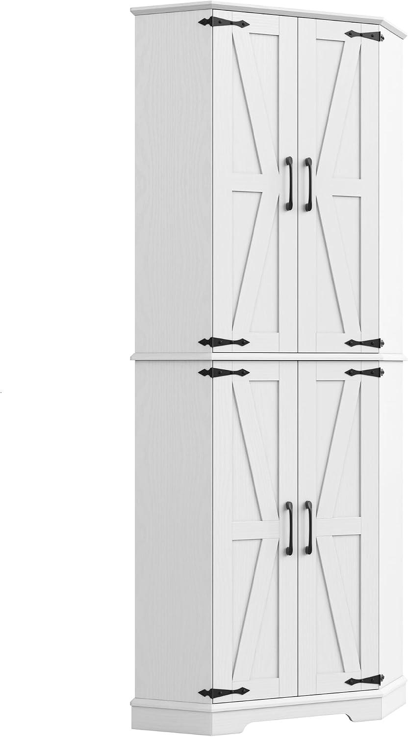 IRONCK Corner Cabinet, 72" Farmhouse Pantry Cabinet, White | 6 Tiers Shelves with 2 adjustable shelves, 240° swivel doors and spacious storage for kitchens, dining rooms, living rooms