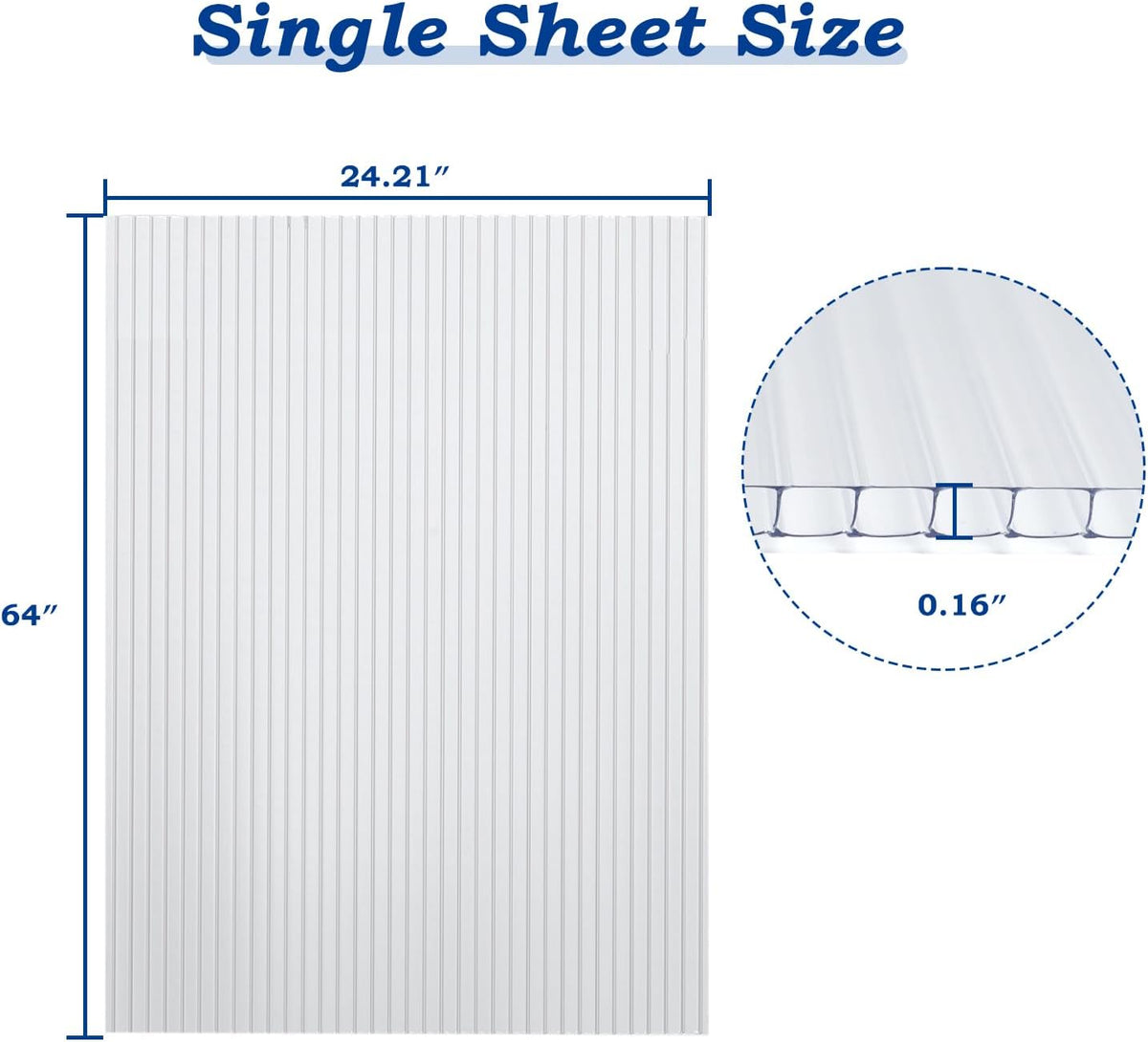 BPS 6Pcs 24'' (W) x 64'' (L) x 0.16'' Polycarbonate Panels, Waterproof UV Protected Reinforced Sheets, Outdoor Greenhouse and Gazebo Covering, Twin-Wall Clear Sheets