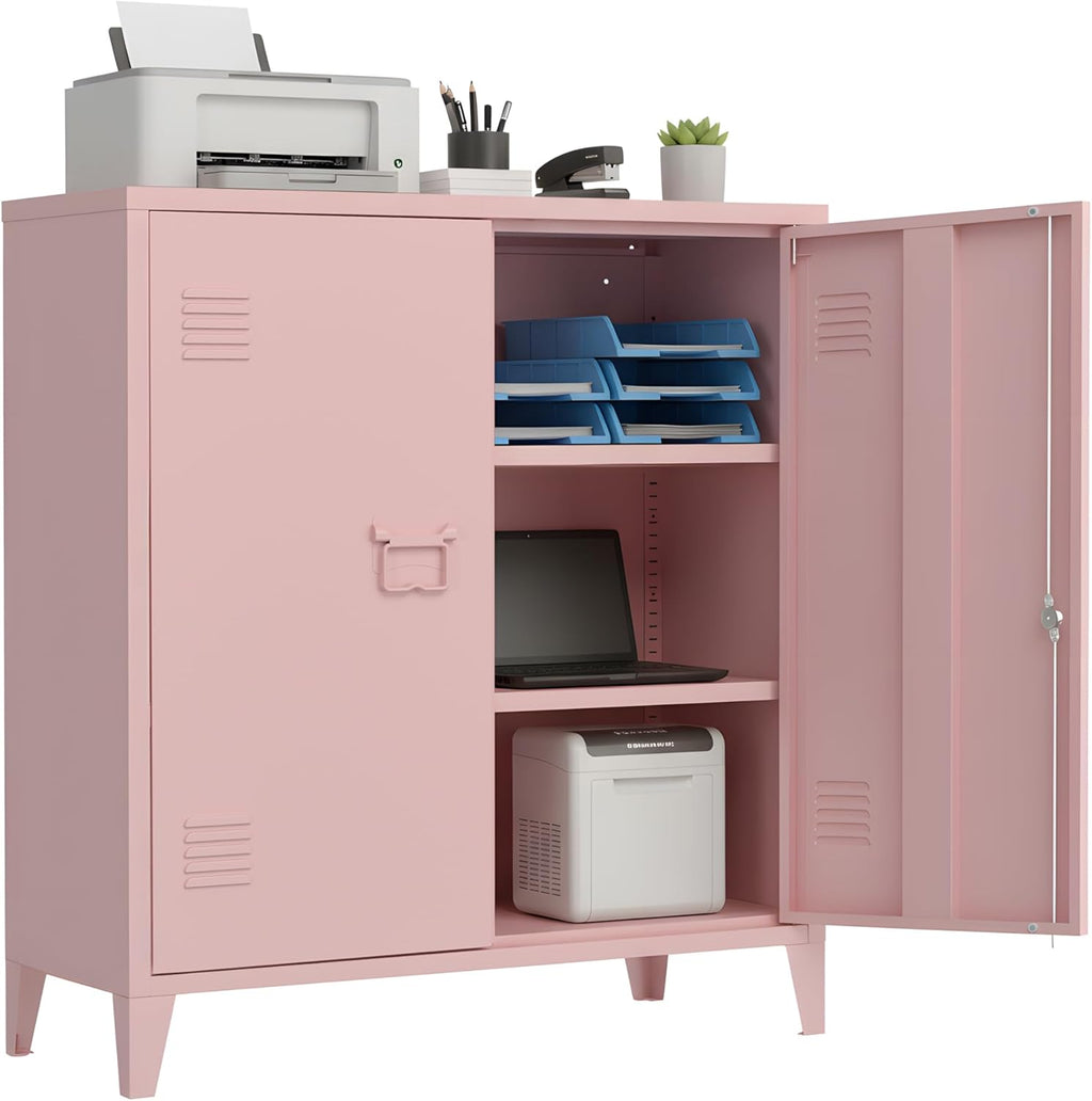Locking Storage Cabinet Garage Metal Storage Cabinet with 2 Adjustable Shelves and Doors, Storage Cabinet with Lock & Keys for Home School Office (Pink)