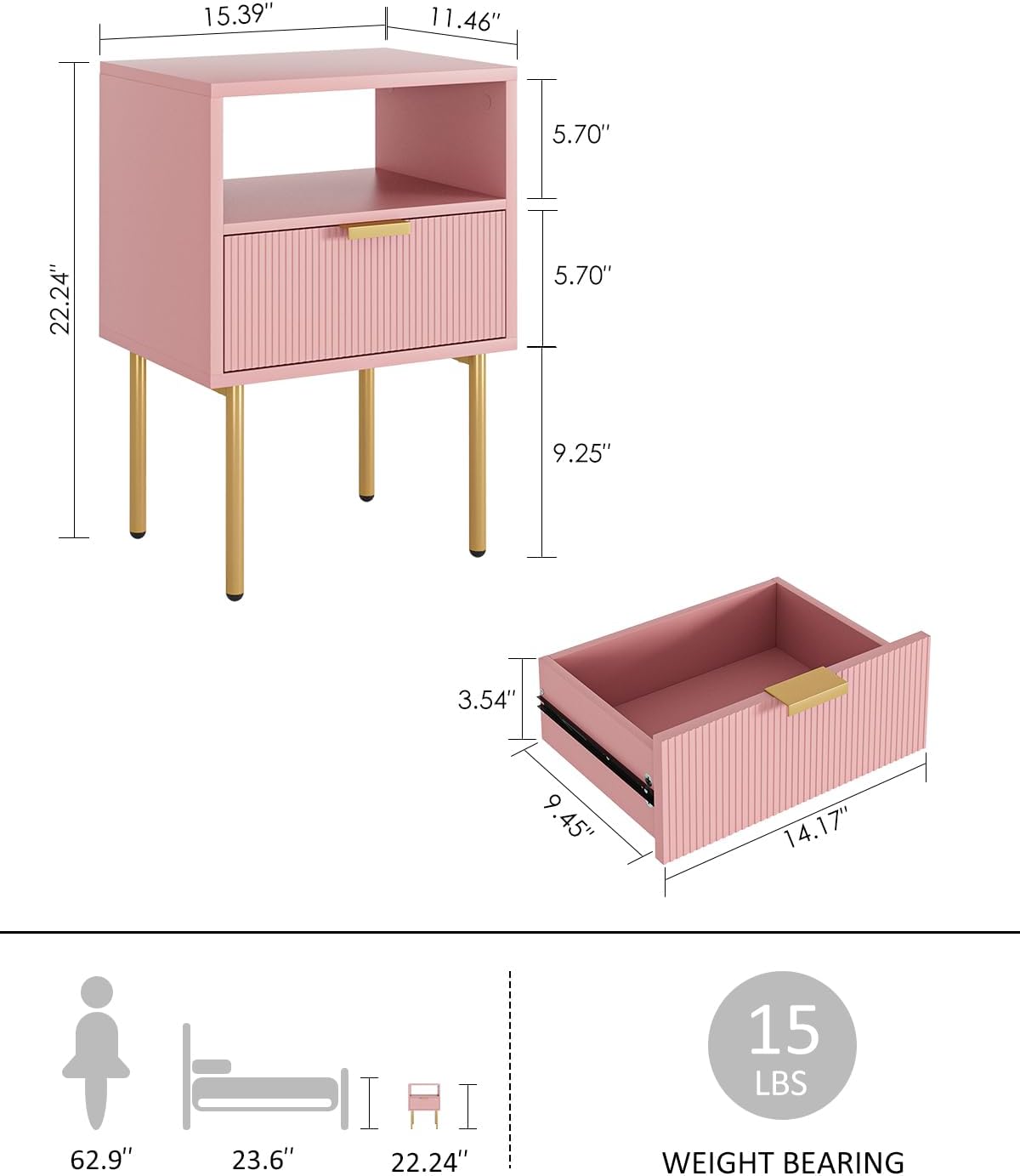 Nightstand,Morden Bedside Table with Gold Frame,Small Night Stand,End Table,Bedside Furniture,Side Table with Drawer and Shelf for Bedroom,Living Room (1Drawer, Pink)
