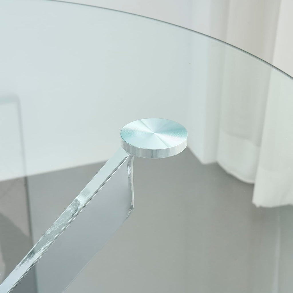 47.2“ Round Dining Table for 4, Contemporary Tempered Glass Dining Table, Small Dinner Table with Silver Metal Base, Round Clear Kitchen Table Writing Desk for Dining Kitchen