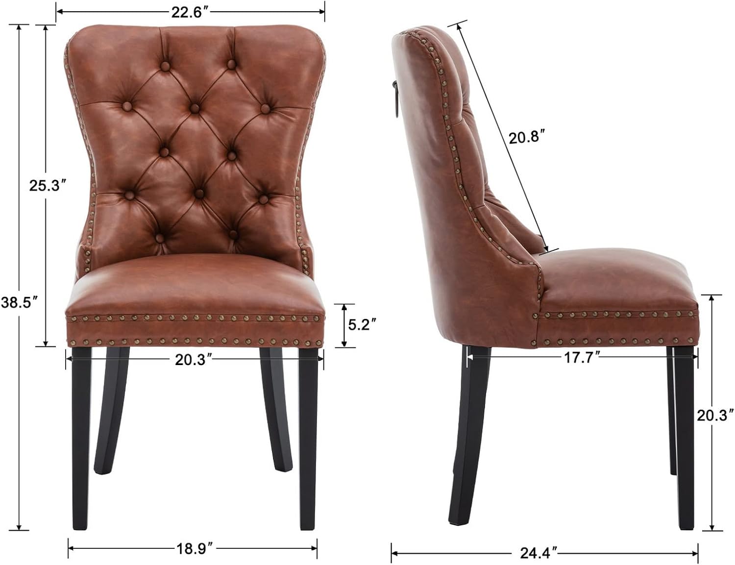 CIMOTA Brown Leather Dining Chairs Set of 8 Mid Century Modern Dining Room Chairs Tufted Upholstered Kitchen Dining Chairs Comfortable Side Chairs with Nailhead Trim/Ring Back (PU /8PCS)