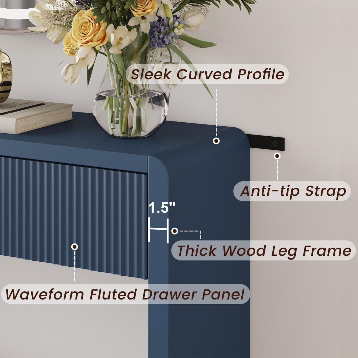 FATORRI Console Sofa Table for Entryway, 47.2 Inch Wood Hallway Tables for Living Room, Modern Couch Table behinde Sofa with 2 Drawers for Foyer Storage (Blue)