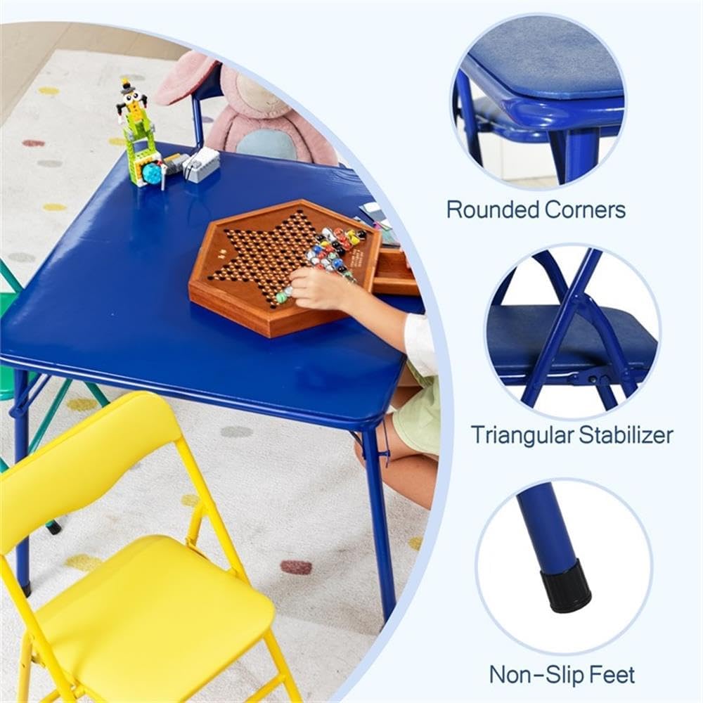 Pemberly Row Kids' Table Chair Set, Multicolor, 4-Piece Set, Includes Yellow, Pink, Blue, Green Chairs, Foldable Sturdy Table, Child-Safe Materials, Lightweight Design, Ideal for Ages 3-8
