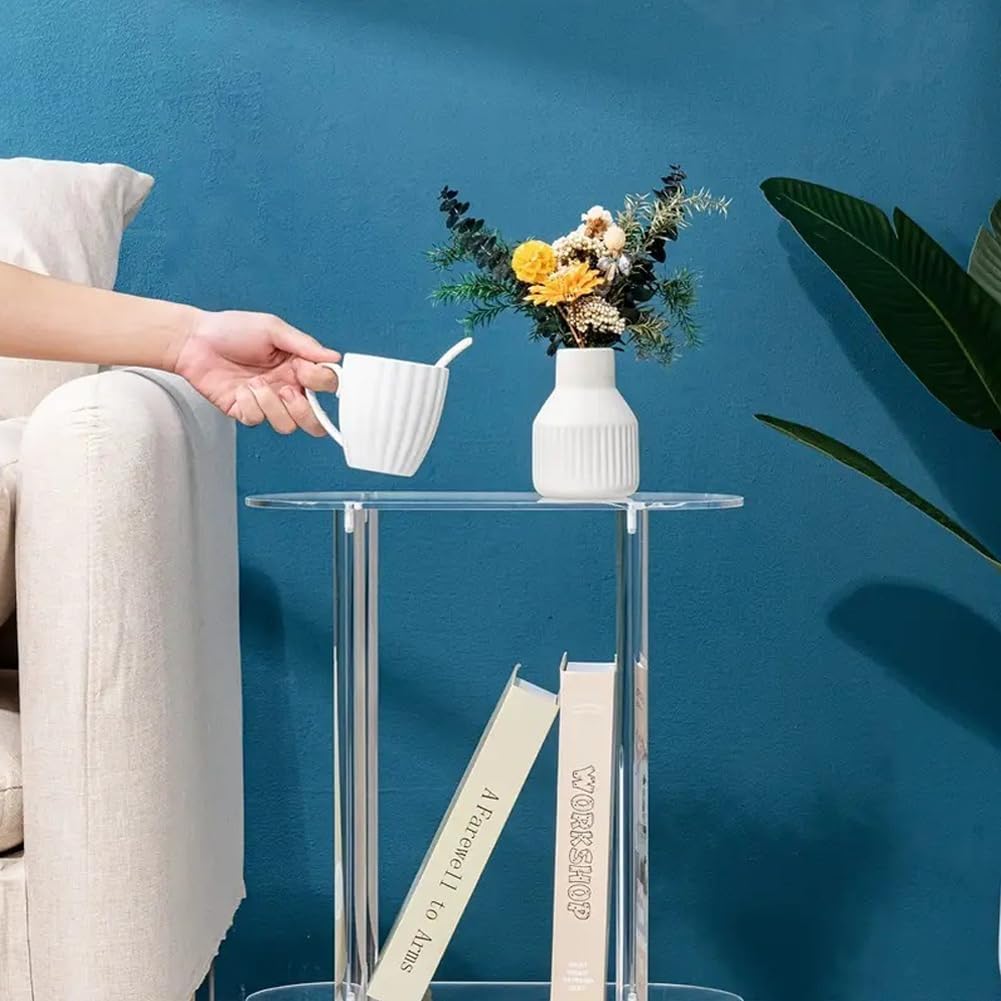Modern Clear Acrylic Narrow Side Table for Small Spaces, 15.55" L x 7.87" W x 19.68" H, 2 Tier Oval End Table Nightstand, Small Bedside Table for Bedroom, Bathroom, Living Room(Oval)
