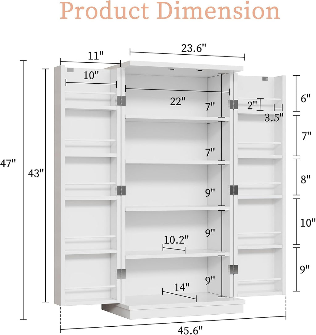 47in Kitchen Pantry Cabinet, Wood Kitchen Storage Pantry Cabinets Freestanding Pantries Cabinets with Doors & Adjustable Shelves, White