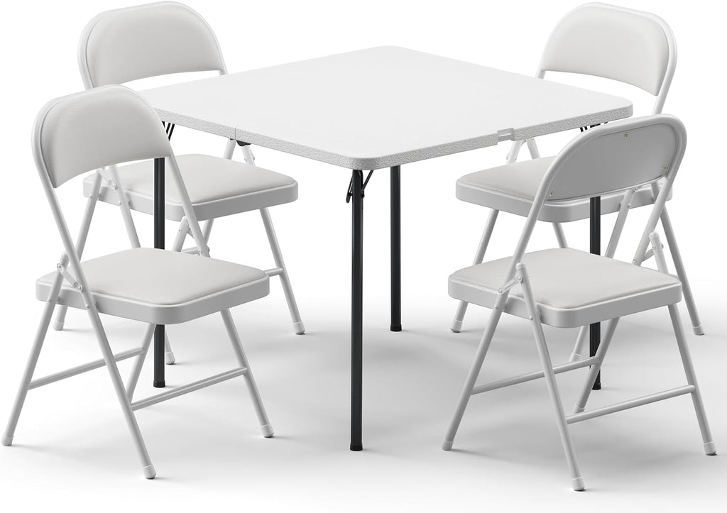 Folding Table and Chairs Set for 4, 36 Inch Foldable Card Table with Carrying Handle & 4 PU Leather Padded Folding Chairs, Portable Indoor Outdoor Dining Table Set for Picnic, Camping, RV, Game Night