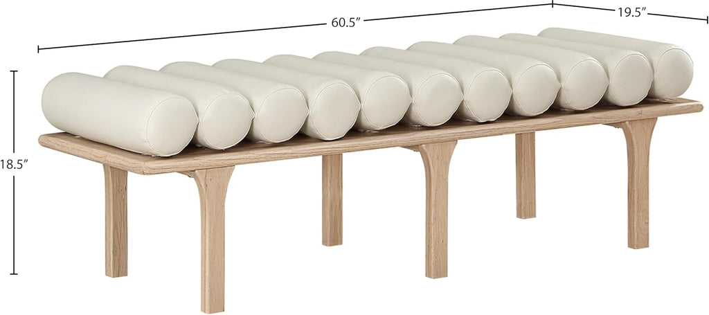 Meridian Furniture 22007Cream Landon Collection Art Deco Bench with Soft Vintage Cream Vegan Leather and Solid Wood with Natural Oak Finish, 60.5" W x 19.5" D x 18.5" H, Cream