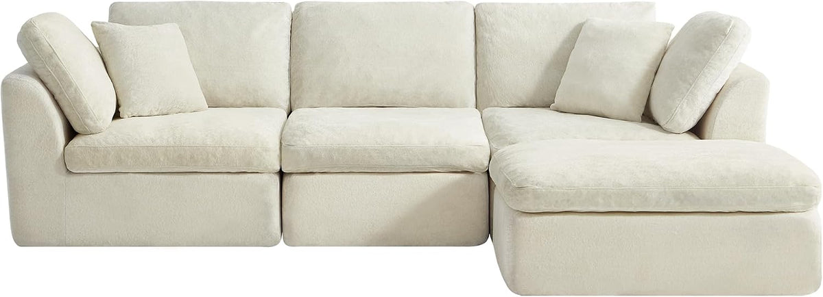 CHITA 108" Cloud Sectional Couches for Living Room, L-Shape Sofa with Ottoman, 3 Seater Modular Sectional Sofa, Cream
