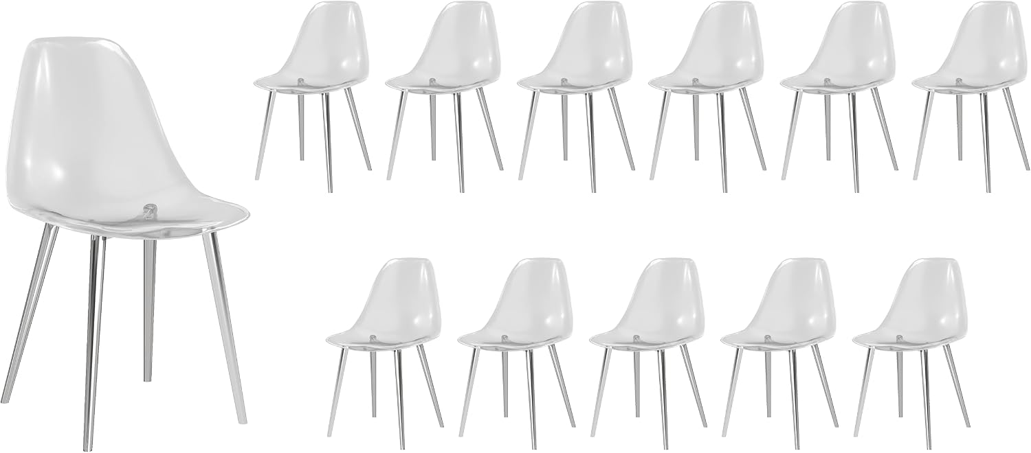 Baysitone Clear Dining Chairs Set of 12, Modern Kitchen Chairs with Transparent Seat, Acrylic Accent Side Chairs with Metal Legs for Dining Room, Kitchen, Living Room with Silver