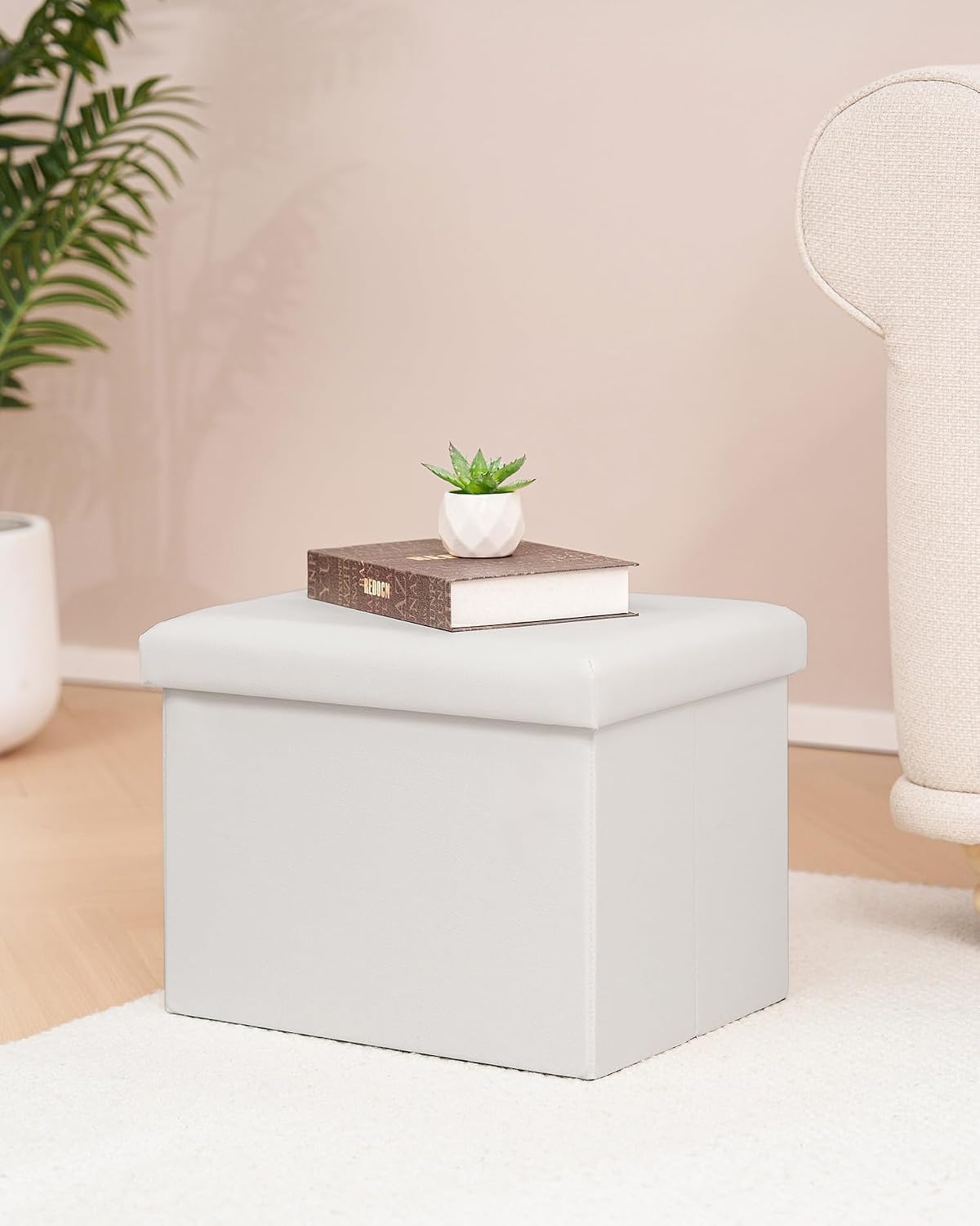 B FSOBEIIALEO Folding Storage Ottoman, 16.5" Faux Leather Ottomans, White | Small Ottoman with Storage Bench, Rectangle Foot Rest Chest Seat, for Living Room, Bedroom, Home Office, Dorm