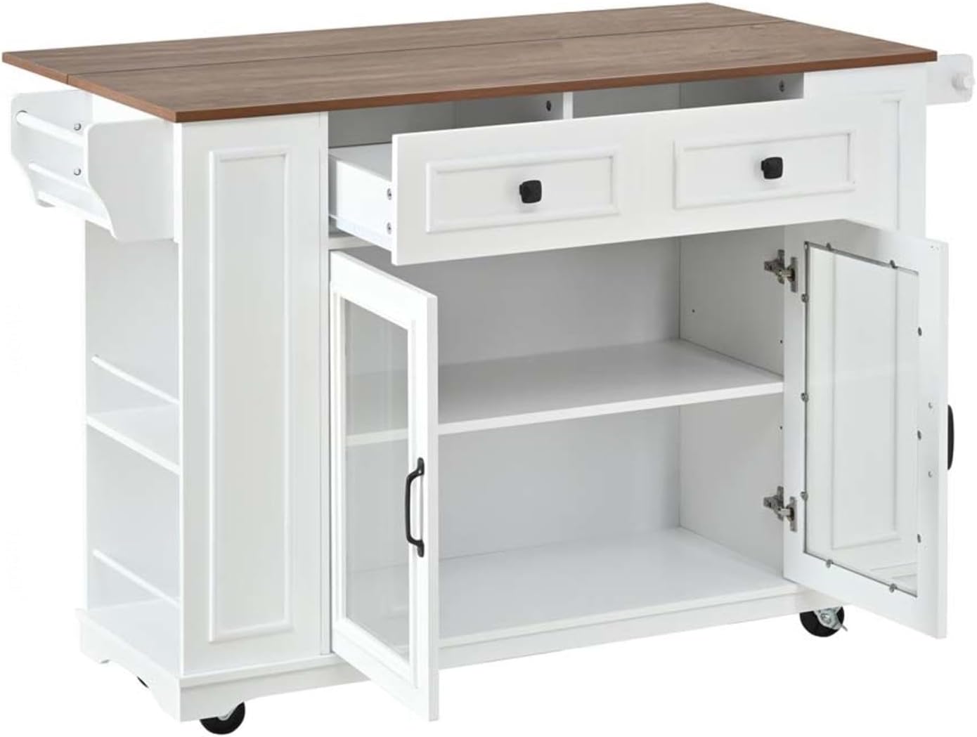 Kitchen Table with Storage with Internal Storage Rack, Power Outlet and Open Shelves, Moveable Kitchen Island with Spice Rack, for Kitchen, Dining