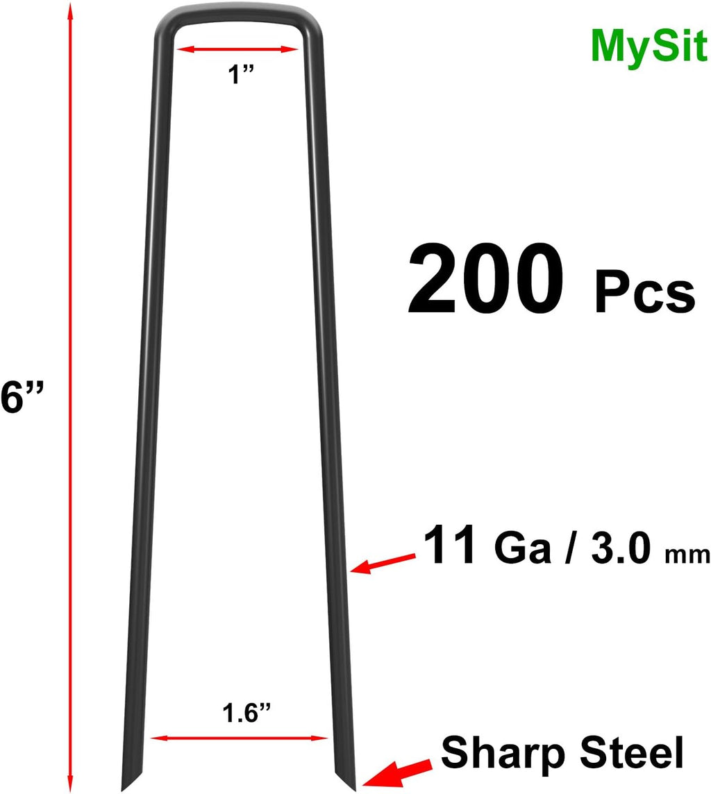 MySit 6" Garden Staples Landscape Stakes Ground Pins 200 Pack, Lawn Staples Weed Fabric Staple, Heavy Duty 11-Gauge(3.0mm) Steel Sod Anchor Securing Pegs for Securing Fabric
