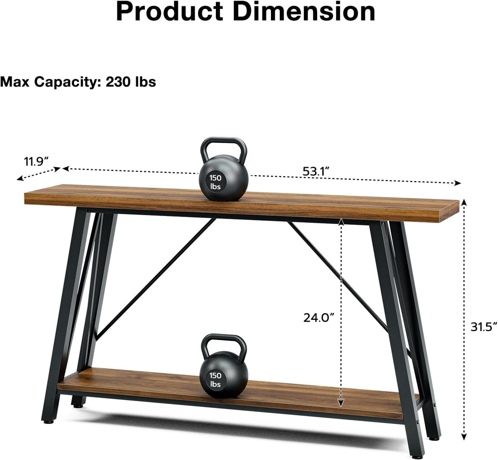GAZHOME Console Table with Storage Shelf - Industrial Style Sofa Table Behind Couch for Living Room & Entryway, Rustic Brown,53.1 Inch