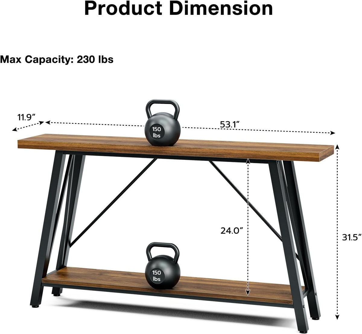 GAZHOME Console Table with Storage Shelf - Industrial Style Sofa Table Behind Couch for Living Room & Entryway, Rustic Brown,53.1 Inch