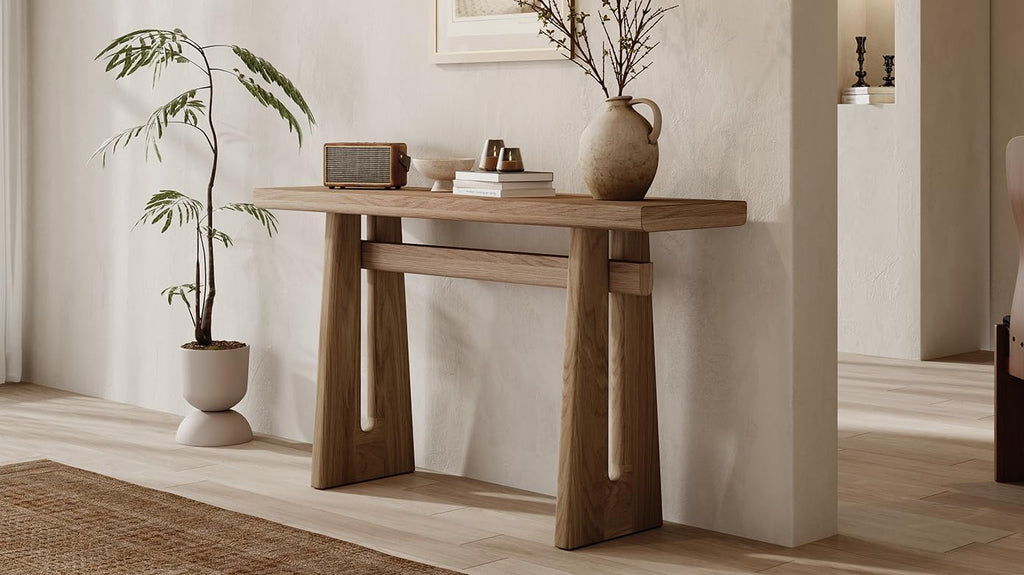 59.25" Long Console Table with Geometric Silhouette, Modern Wooden Hallway Table Accent Sofa Table, Extra Long Entryway Table for Living Room, Foyer, Corridor (Brown)