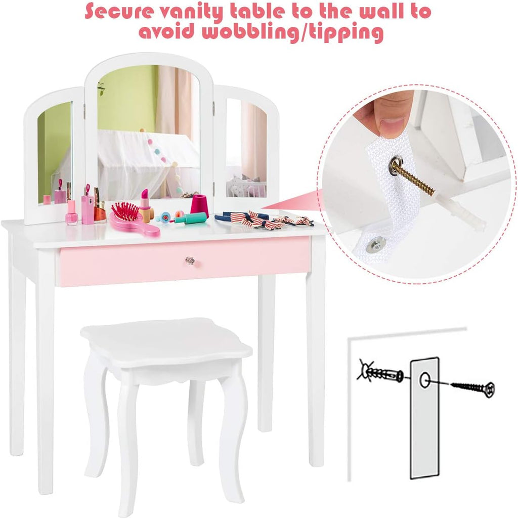 Costzon Kids Vanity, Girls Vanity Set with Tri-Folding Mirror, Stool, Storage Drawer, Princess Toddler Makeup Vanity Desk Dressing Table, Wooden Kids Vanity Table and Chair Set (White)