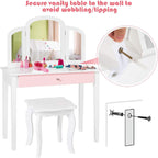 Costzon Kids Vanity, Girls Vanity Set with Tri-Folding Mirror, Stool, Storage Drawer, Princess Toddler Makeup Vanity Desk Dressing Table, Wooden Kids Vanity Table and Chair Set (White)
