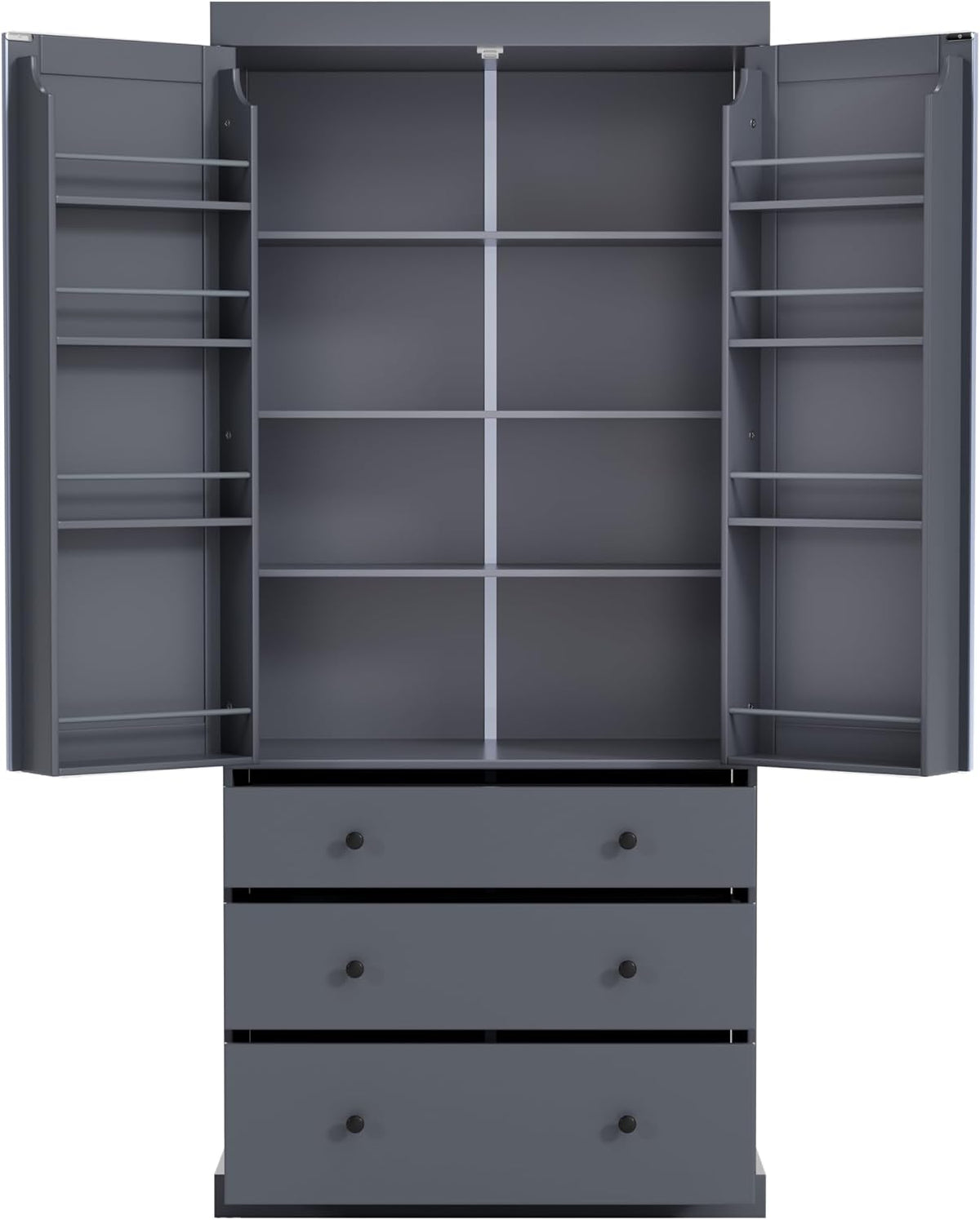 Farmhouse Tall Kitchen Pantry Cabinet with Adjustable Shelves, Freestanding Wood Cupboard with 8 Door Shelves and 3 Drawers for Kitchen, Dining Room (Gray)