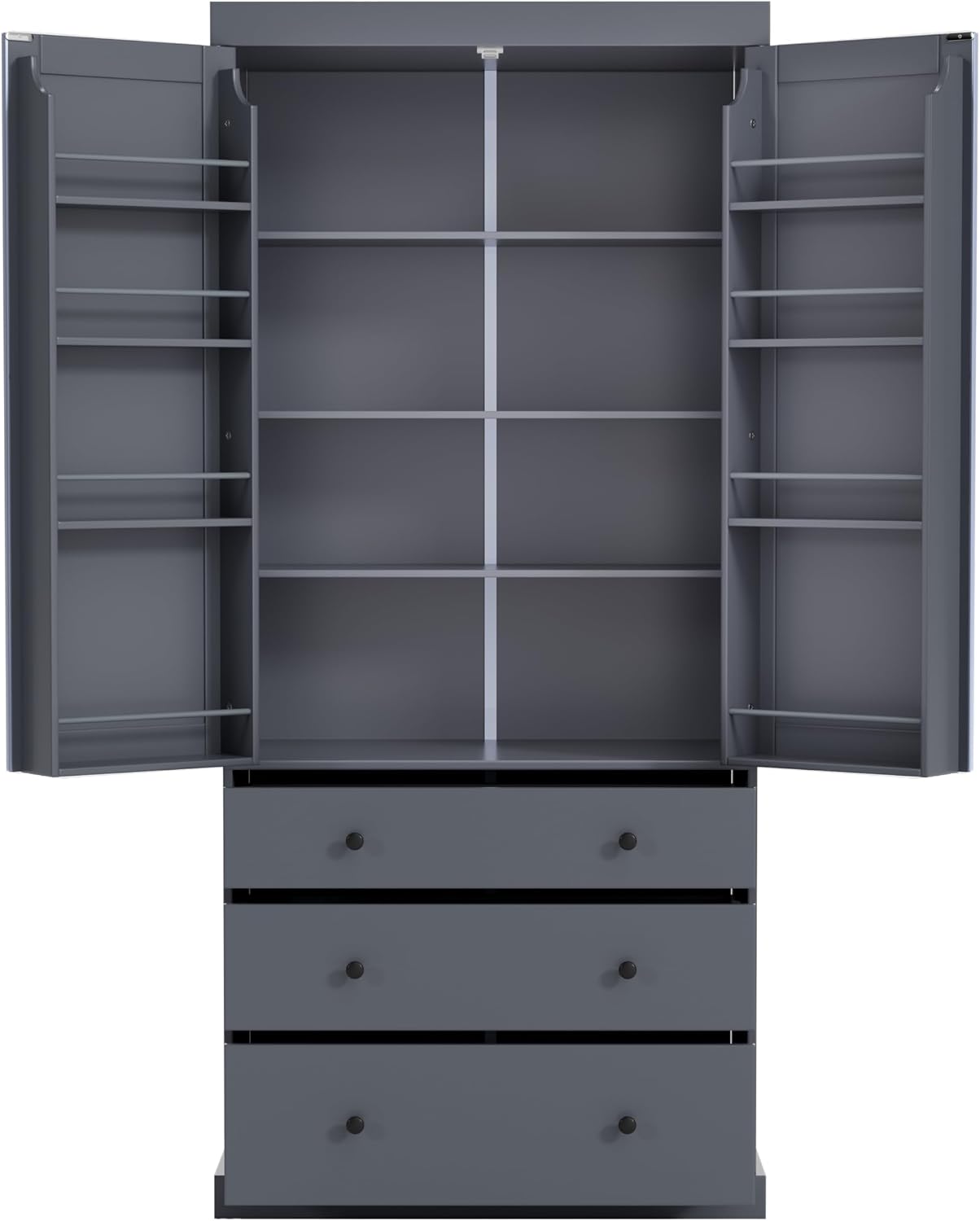 77inch Farmhouse Kitchen Pantry, Freestanding Tall Cupboard Storage Cabinet with 3 Adjustable Shelves, 8 Door Shelves, 3 Drawers for Kitchen, Dining Room, Gray