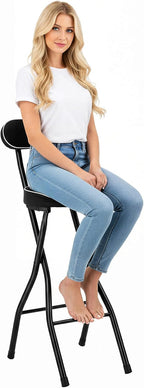 2PCS Cushioned Padded Folding Stool, 35In Portable Folding Stool with Backrest Lightweight Counter Height Bar Stool Weight Capacity of 275.58Lbs for Living Room Garage Workshop Studio