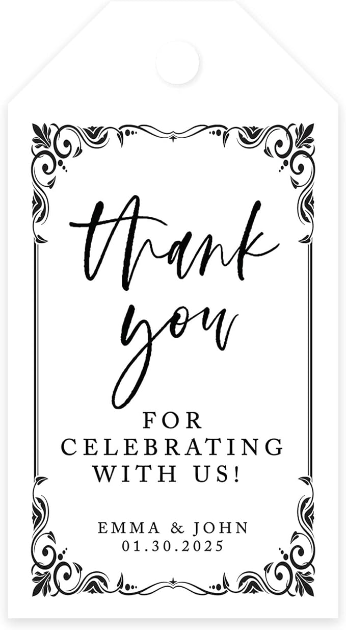 Andaz Press 100-Pack Personalized Thank You Tags with Bakers Twine Art Deco Custom Cardstock Gift Tags for Wedding Party Favors 2 x 3.75-Inches